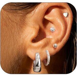 🆕 Women Silver Small Hoop Earrings Trendy Chunky Multiple Piercing Jewelry Gift